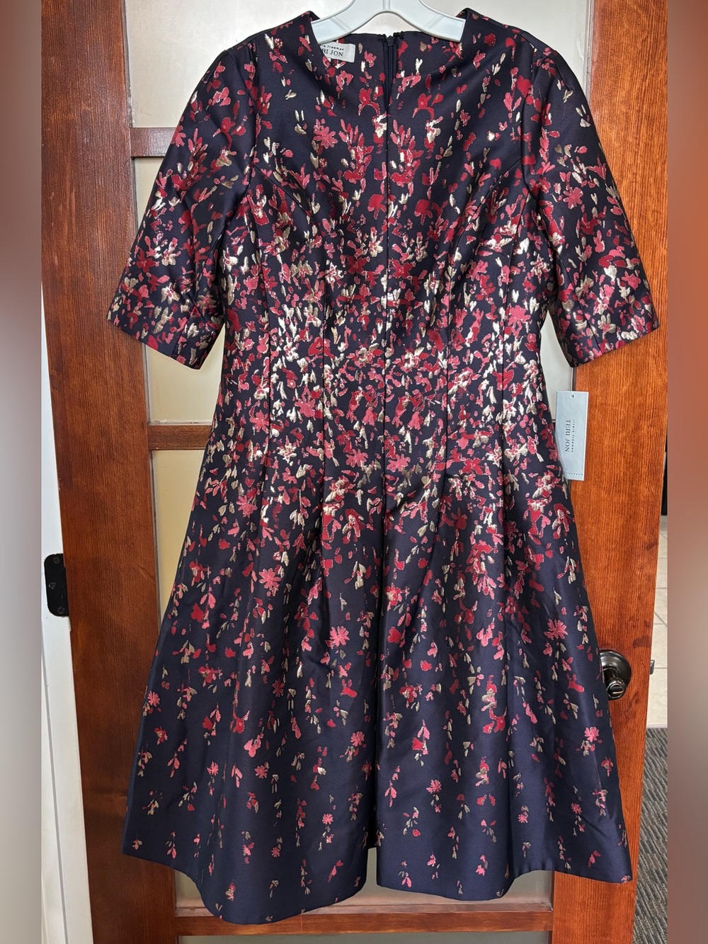 Teri Jon Navy Midi Dress with Red and Gold Floral Jacquard